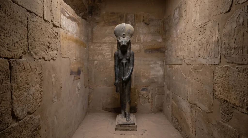 The Sekhmet Karnak story in stone: the lioness goddess standing in her chapel, carved walls on either side