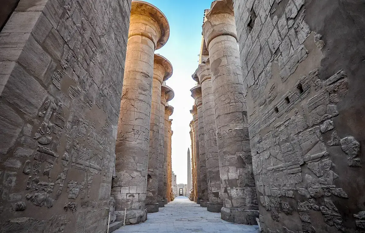 Karnak Temple in Luxor, Egypt, with ancient Egyptian columns and hieroglyphic carvings