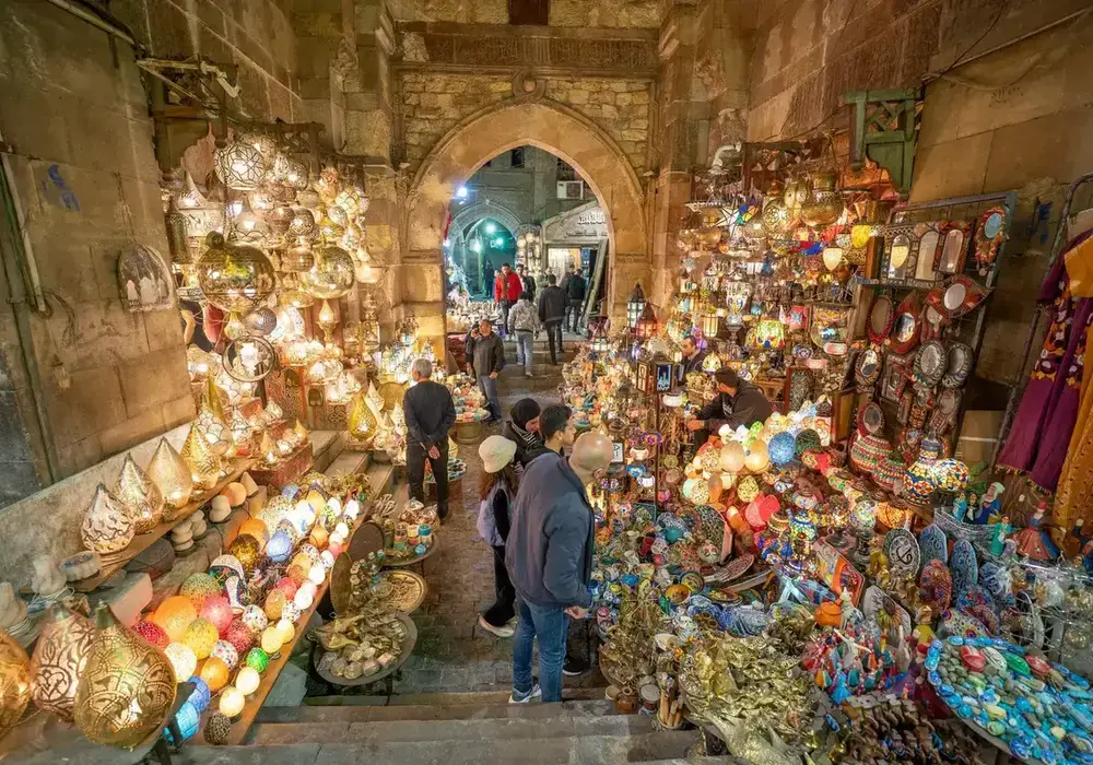 Khan el-Khalili bazaar in Cairo, Egypt, with traditional shops and historic architecture