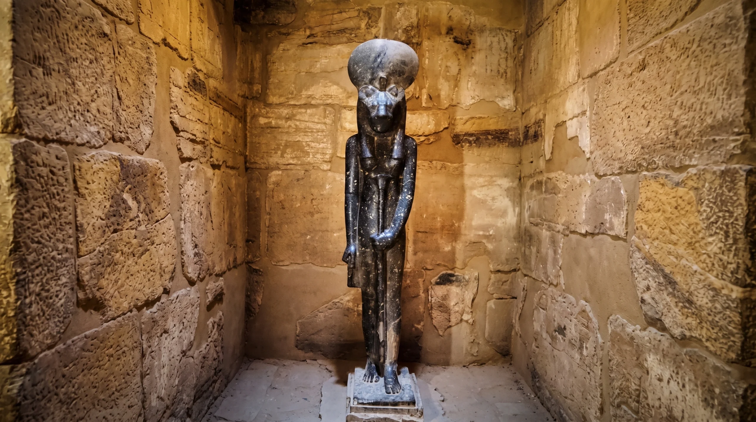 Inside the Sekhmet Karnak temple chapel: a standing granite statue of the lioness goddess, sun disc above her head