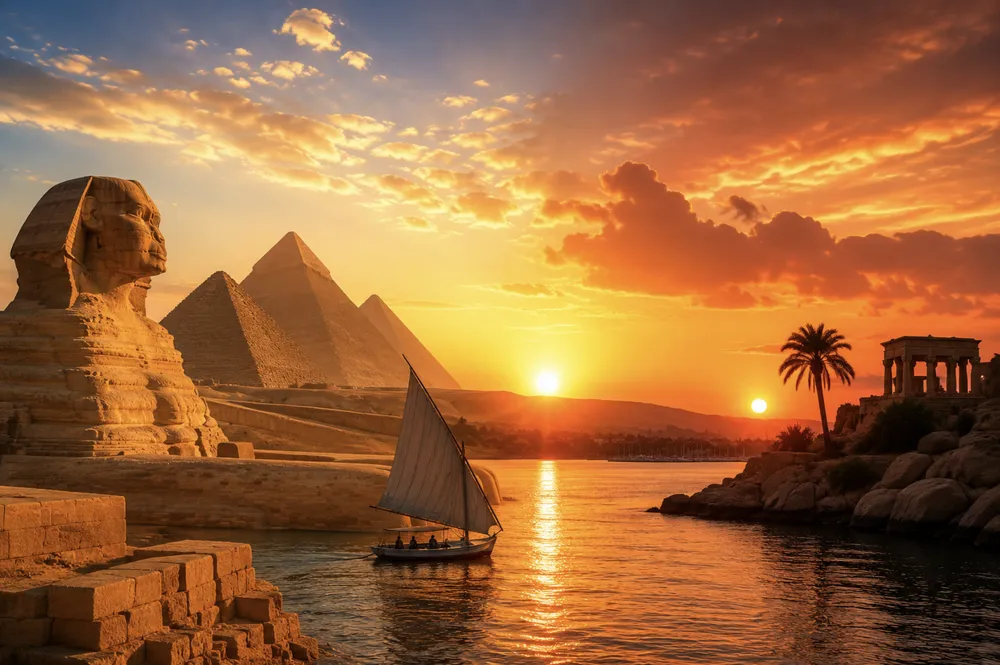 The Sphinx, the pyramids of Giza and a felucca on the Nile at sunset, among the classic things to do in Egypt