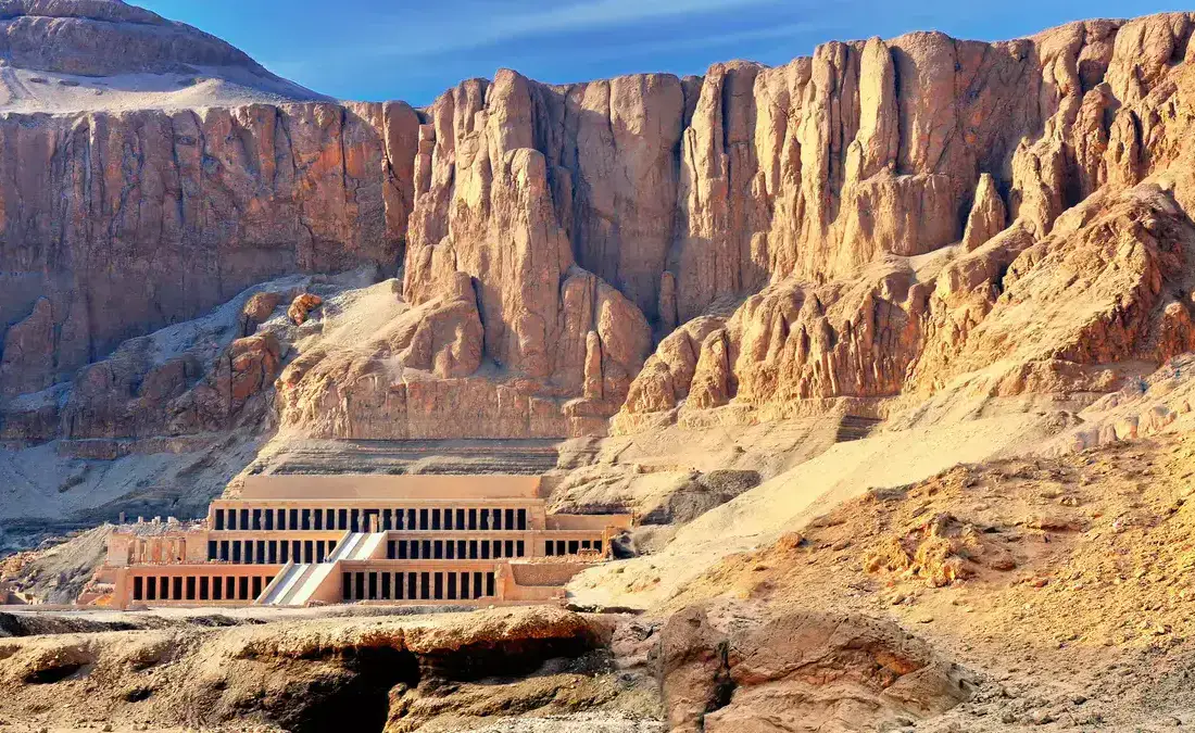 Hatshepsut's mortuary temple at Deir el-Bahari, below the cliffs that separate it from the Valley of the Kings
